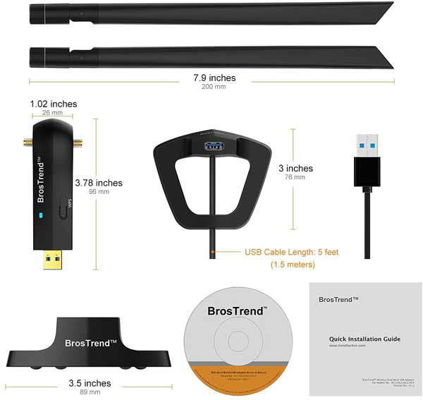 a usb wifi adapter body, two wifi antennas, cradle with 5 feet extension, a quick installation guide and a CD including driver are coming within package.