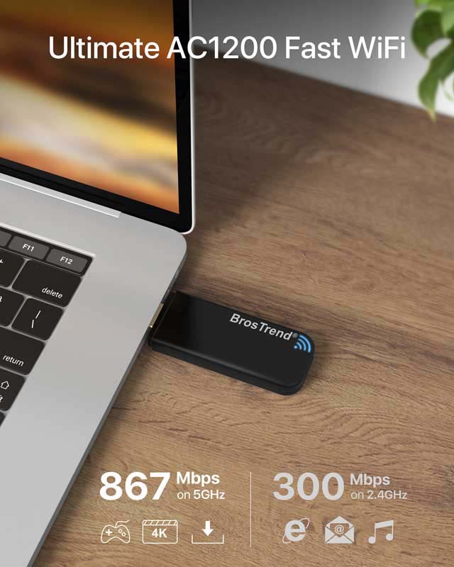 Ultimate fast USB wifi adapter with 1200Mbps wireless speed, delivers 867Mbps on 5GHz WiFi Band or 300Mbps on 2.4GHz Wi-Fi Band.