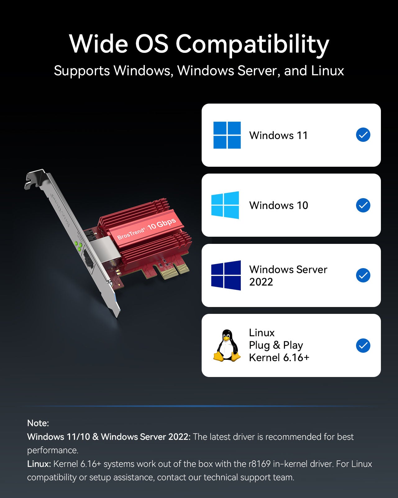 10 Gbps PCIe Network Card Compatible with Windows 11 Windows 10 Windows Server 2022 and Linux Systems Linux Kernel 6.16 and Newer Support Plug-and-Play with r8169 In Kernel Driver