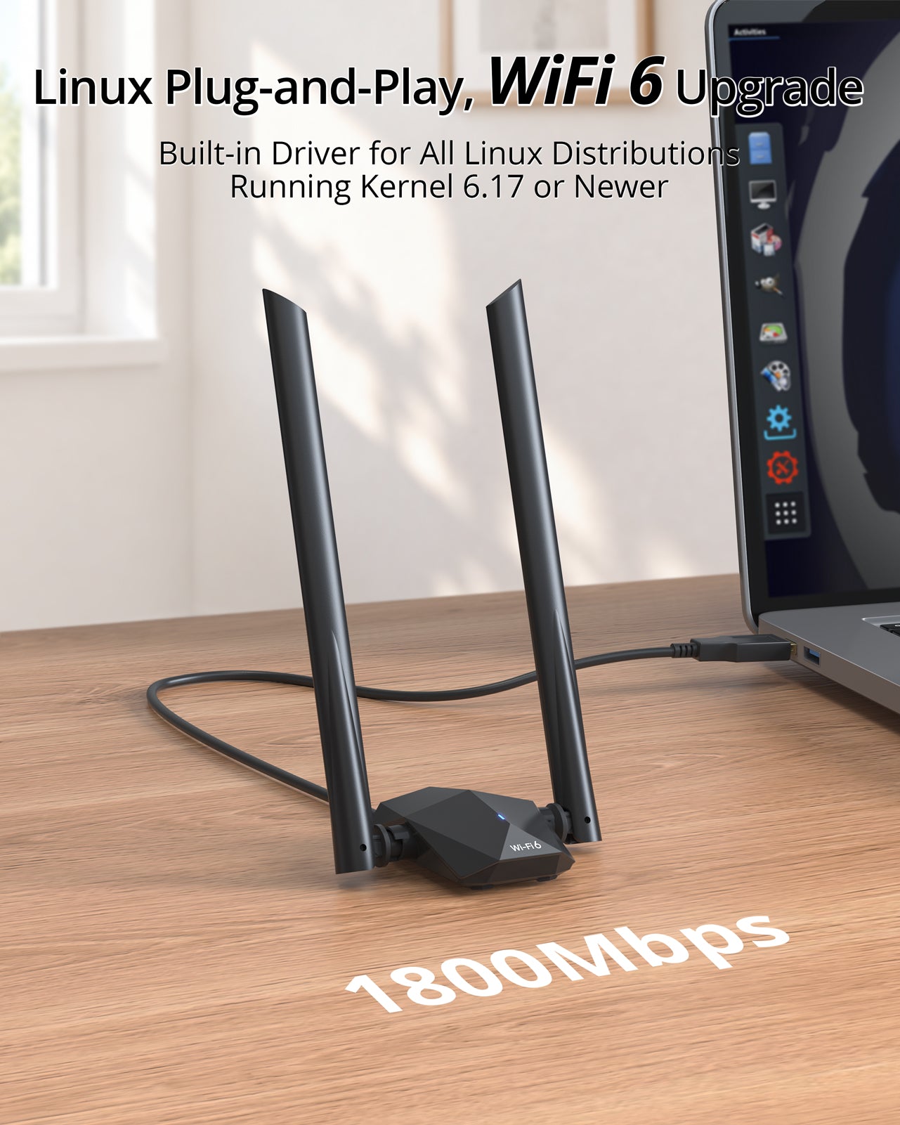 BrosTrend AX1800 Linux WiFi Adapter Long Range WiFi 6 Dual Band 5GHz & 2.4G | High Gain USB WiFi Antenna Compatible with Ubuntu, Raspberry Pi OS, Mint, Debian, Kubuntu, Mate Zorin Windows 11/10 etc. WPA3 (Model: AX4L)