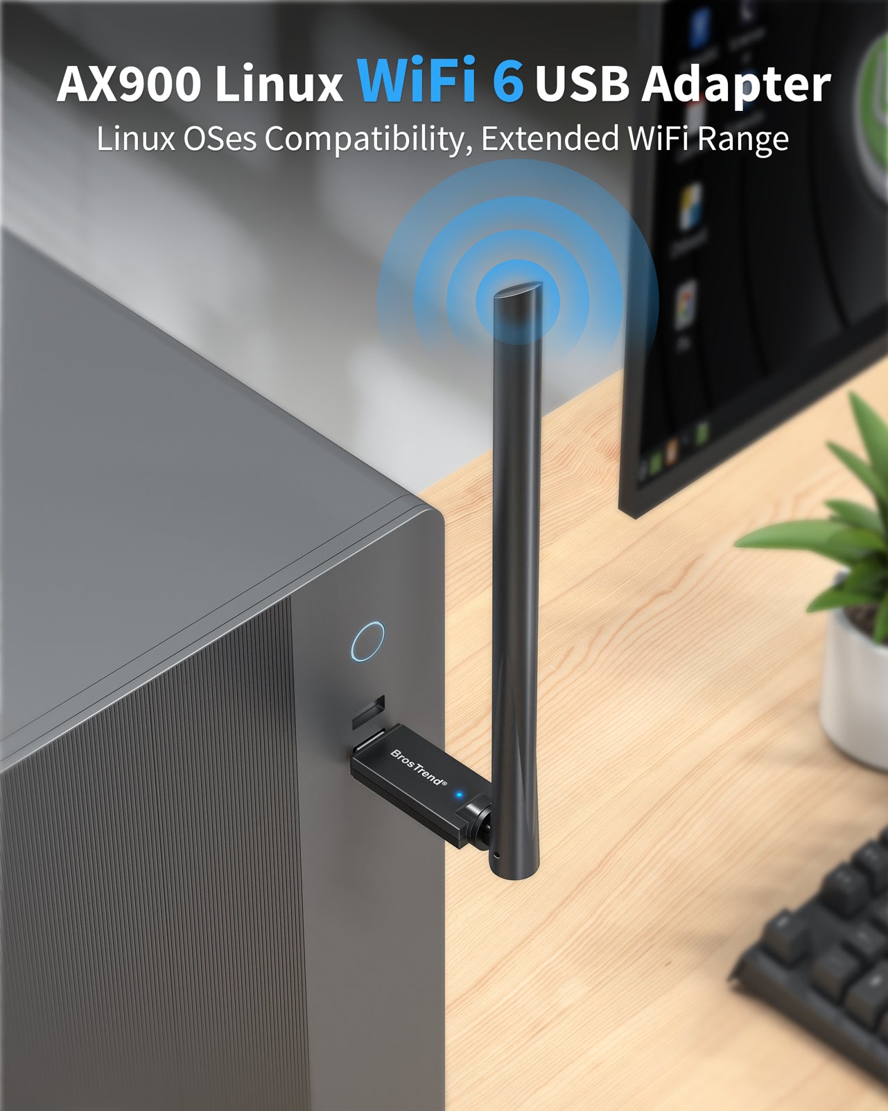 BrosTrend AX900 Linux WiFi 6 USB Adapter, Linux Compatible WiFi Adapter for Ubuntu Debian Raspberry Pi Mint Zorin Windows etc. Long Range Wi-Fi Dongle Dual Band 5GHz + 2.4GHz, with 6dBi Wi-Fi Antenna