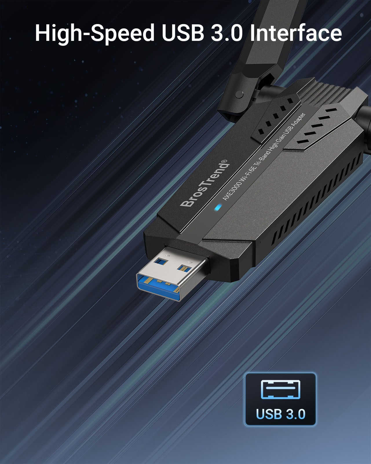A Detailed View of the BrosTrend AXE3000 WiFi 6E Linux USB Adapter Highlighting Its USB 3.0 Connector Which Delivers Fast and Stable Connections