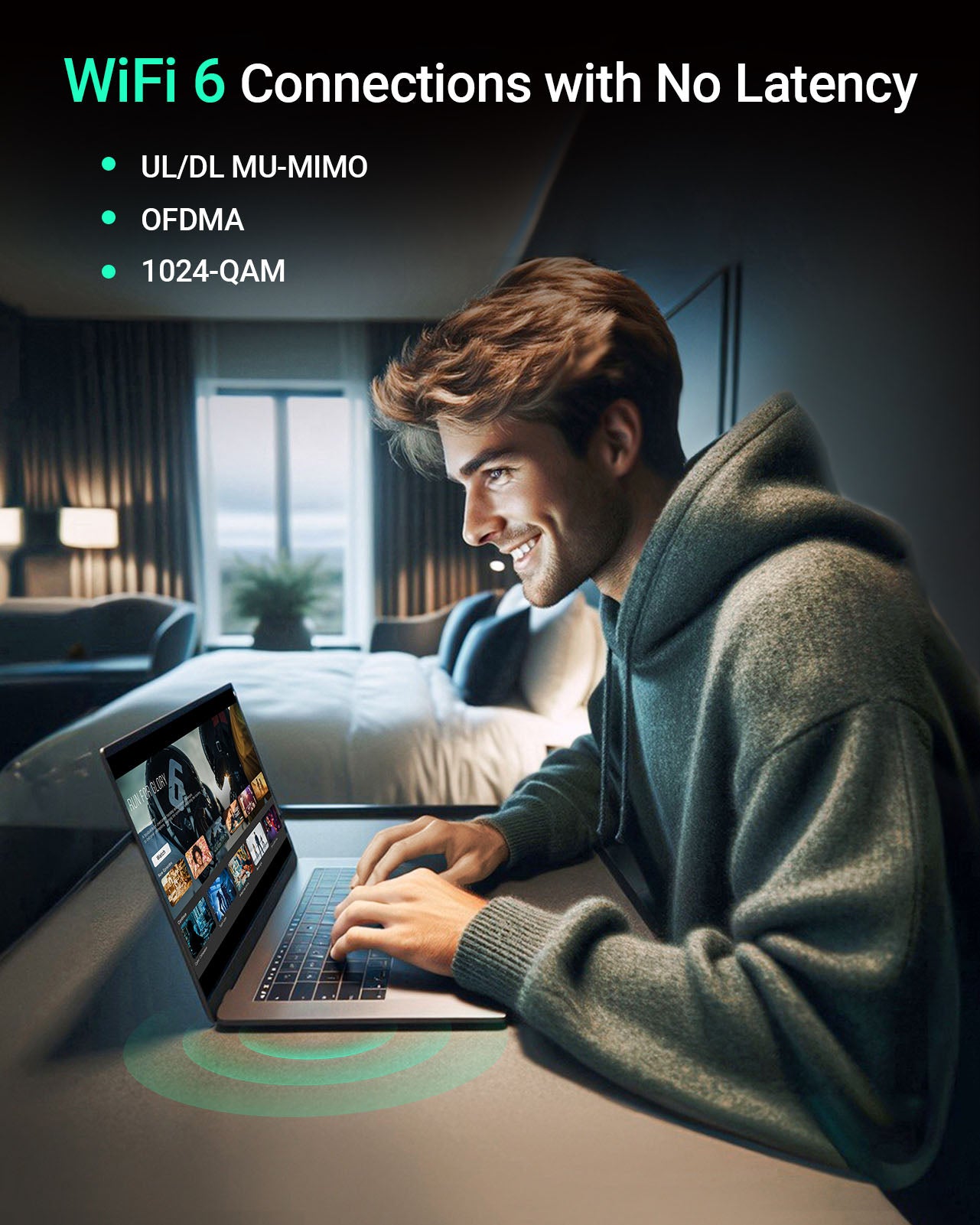 A Young Man Enjoys Fast WiFi Delivered by This M.2 WiFi Card Improved WiFi Experience with the Latest WiFi 6 Technologies such as UL/DL MU-MIMO OFDMA and 1024-QAM