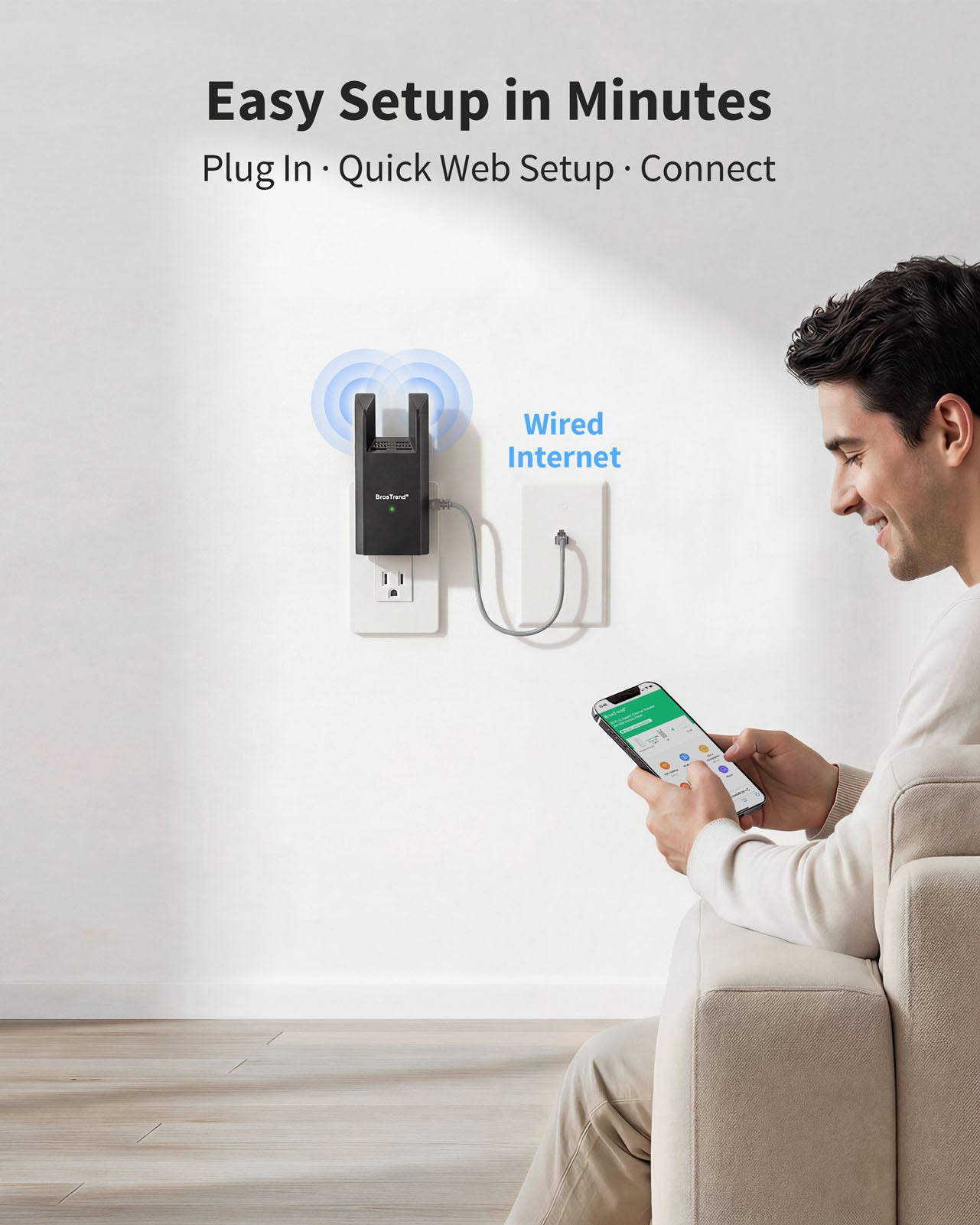 AC1200 WiFi Access Point Installed on Wall with a Gigabit Ethernet Port for Wired Uplink to Router Allowing Easy Web-based Setup via Smartphone or Laptop to Create a Stable Dual-band WiFi Network