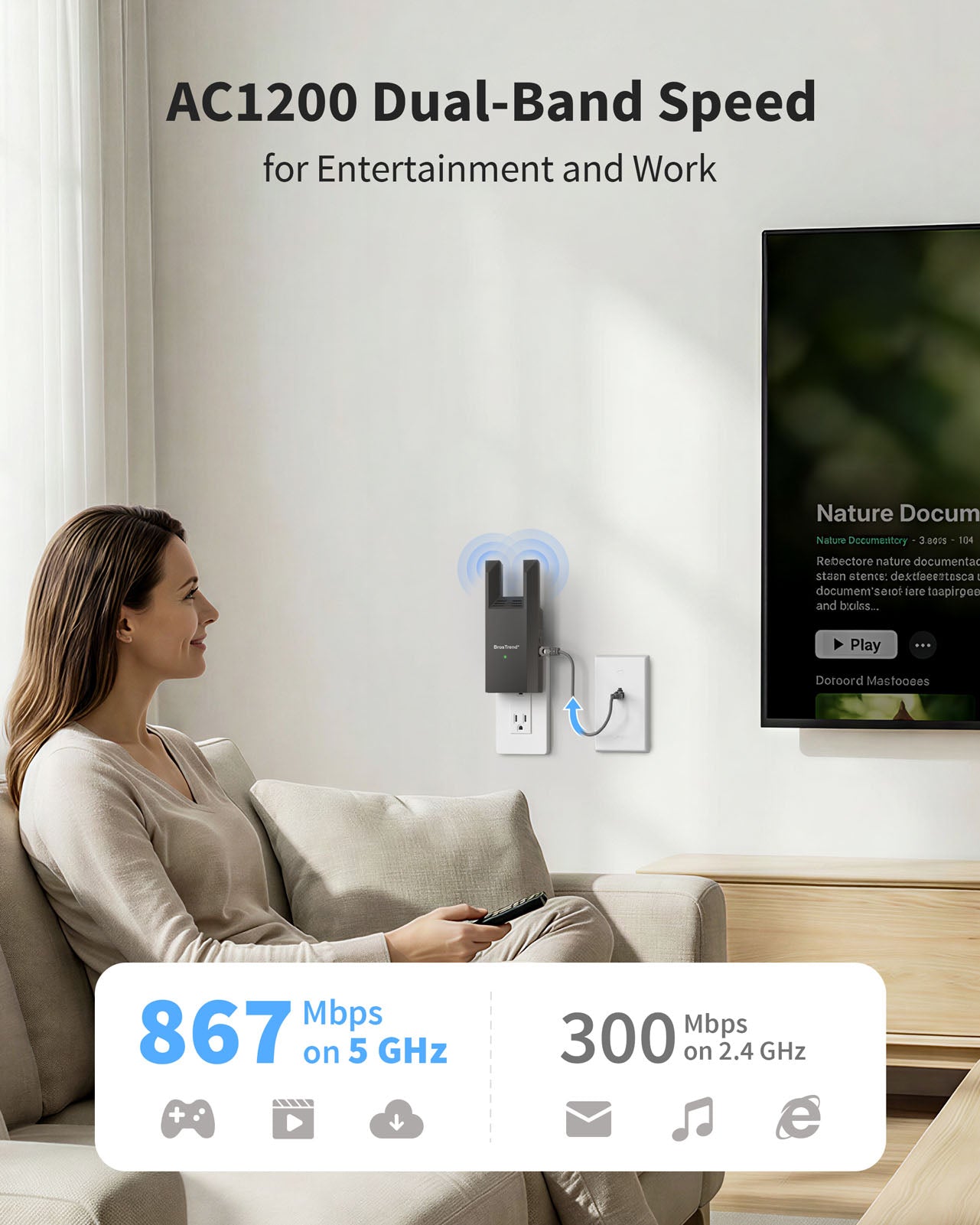 AC1200 WiFi Access Point with Wired Ethernet Uplink Delivering Stable Dual-band WiFi Connection for a Woman Streaming TV in a Living Room Supporting 867 Mbps on 5 GHz and 300 Mbps on 2.4 GHz