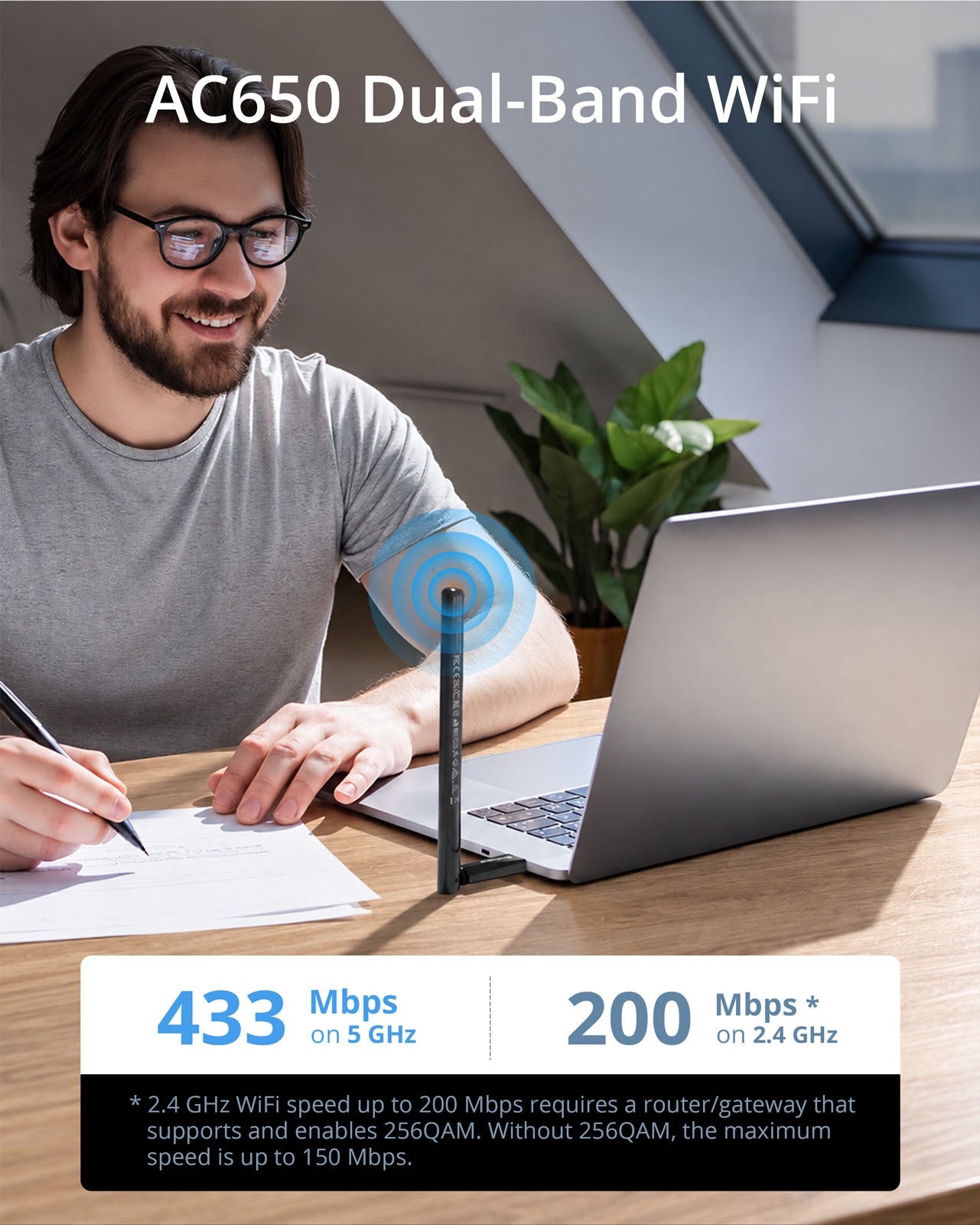 AC650 USB WiFi Adapter Delivering Speeds up to 433 Mbps on 5 GHz or 200 Mbps on 2.4 GHz for Flexible Wireless Connectivity with Faster 5 GHz Performance and Reliable 2.4 GHz Connection for Everyday Work Video Calls Streaming and Web Browsing