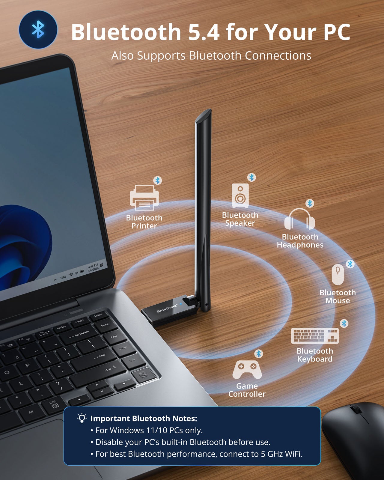 AX900 USB WiFi 6 and Bluetooth Adapter Enabling Bluetooth 5.4 Connections for Wireless Mouse Keyboard Headset Speaker and Game Controller on Windows PC