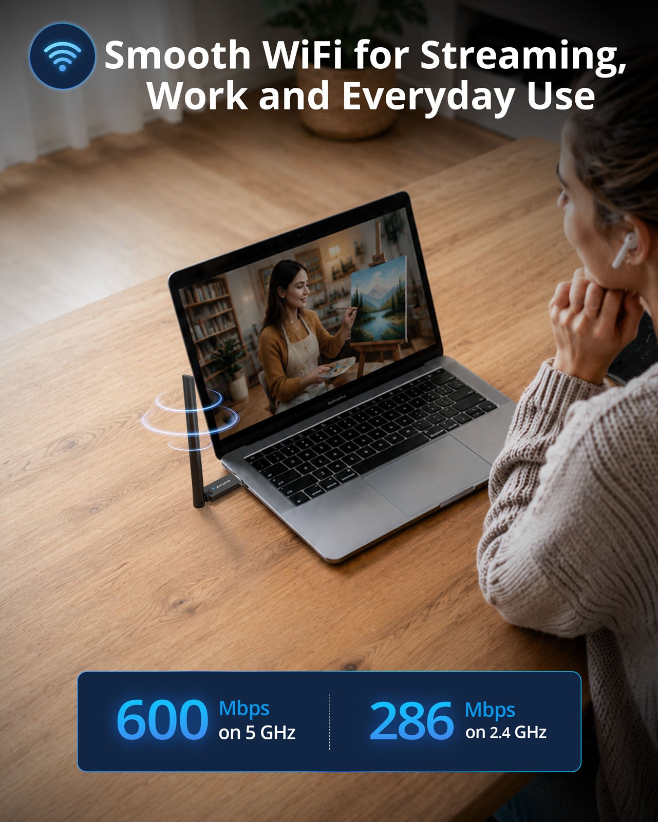 AX900 USB WiFi 6 and Bluetooth Adapter Providing Stable High Speed WiFi Connection for Streaming Work and Everyday Use on Laptop in Home Office Environment Delivers Dual Band Wireless Speeds Up to 600 Mbps on 5 GHz 286 Mbps on 2.4 GHz