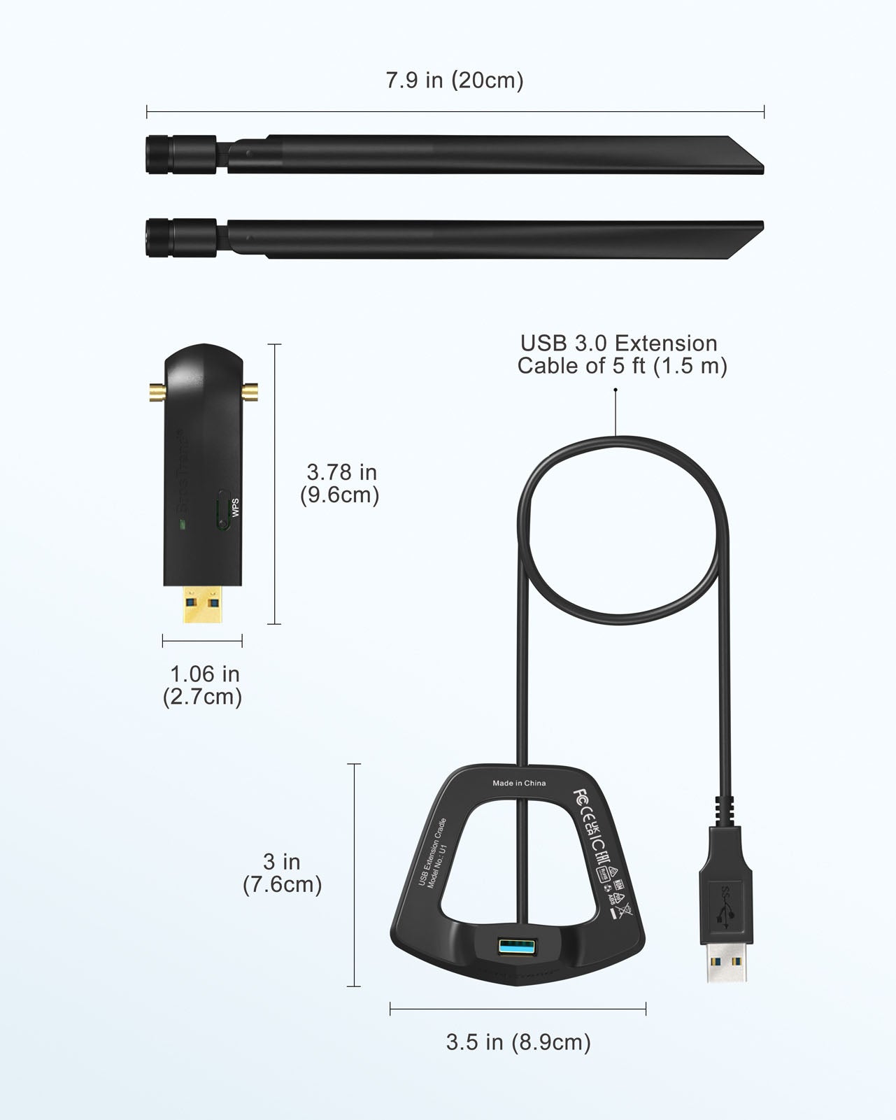 BrosTrend 1200Mbps Linux Compatible USB WiFi Adapter Comes with 2 Pieces of External Antennas and USB 3.0 Extension Cable of 5 Feet