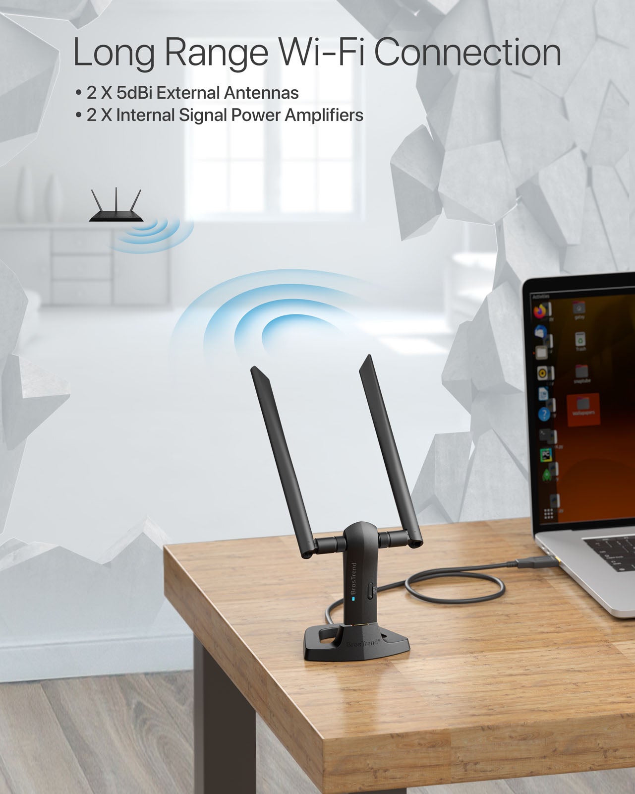 BrosTrend 1200Mbps Linux Compatible USB WiFi Adapter Receives Stronger Signals with External High Gain Antennas and Internal Signal Power Amplifiers