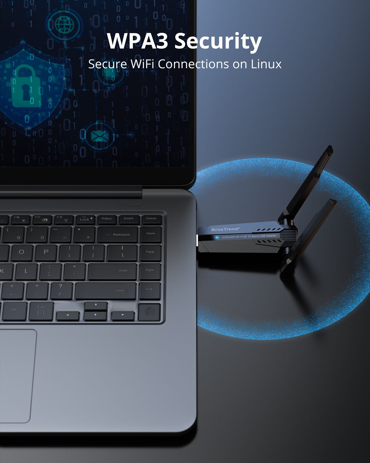 BrosTrend AX5400 Wi-Fi 6E Tri-Band USB Adapter Plugged into a Laptop Highlighting Secure Internet Connectivity with WPA3 Encryption