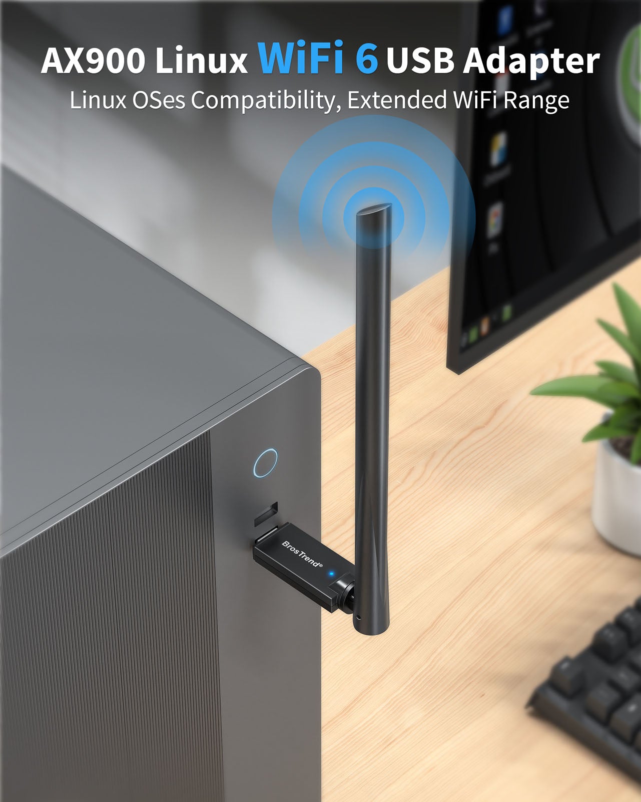 BrosTrend AX900 Linux USB WiFi 6 Adapter Is Plugged into a USB Port of a Desktop Tower PC with a Blue Wi-Fi Signal Graphic Emanating from Its External Antenna It Supports OFDMA 1024-QAM MU-MIMO Technology and Brings WiFi 6 Upgrade for Linux OSes