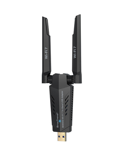 BrosTrend BE6500 Wi-Fi 7 Tri-Band USB Adapter Delivers Speeds up to 6.5 Gbps 2882 Mbps on 6 GHz and 5 GHz 688 Mbps on 2.4 GHz with 4K-QAM 160 MHz Channels Multi-RU MU-MIMO OFDMA WPA3 and Beamforming Equipped with External Antennas Compatible with Windows 11 and 10
