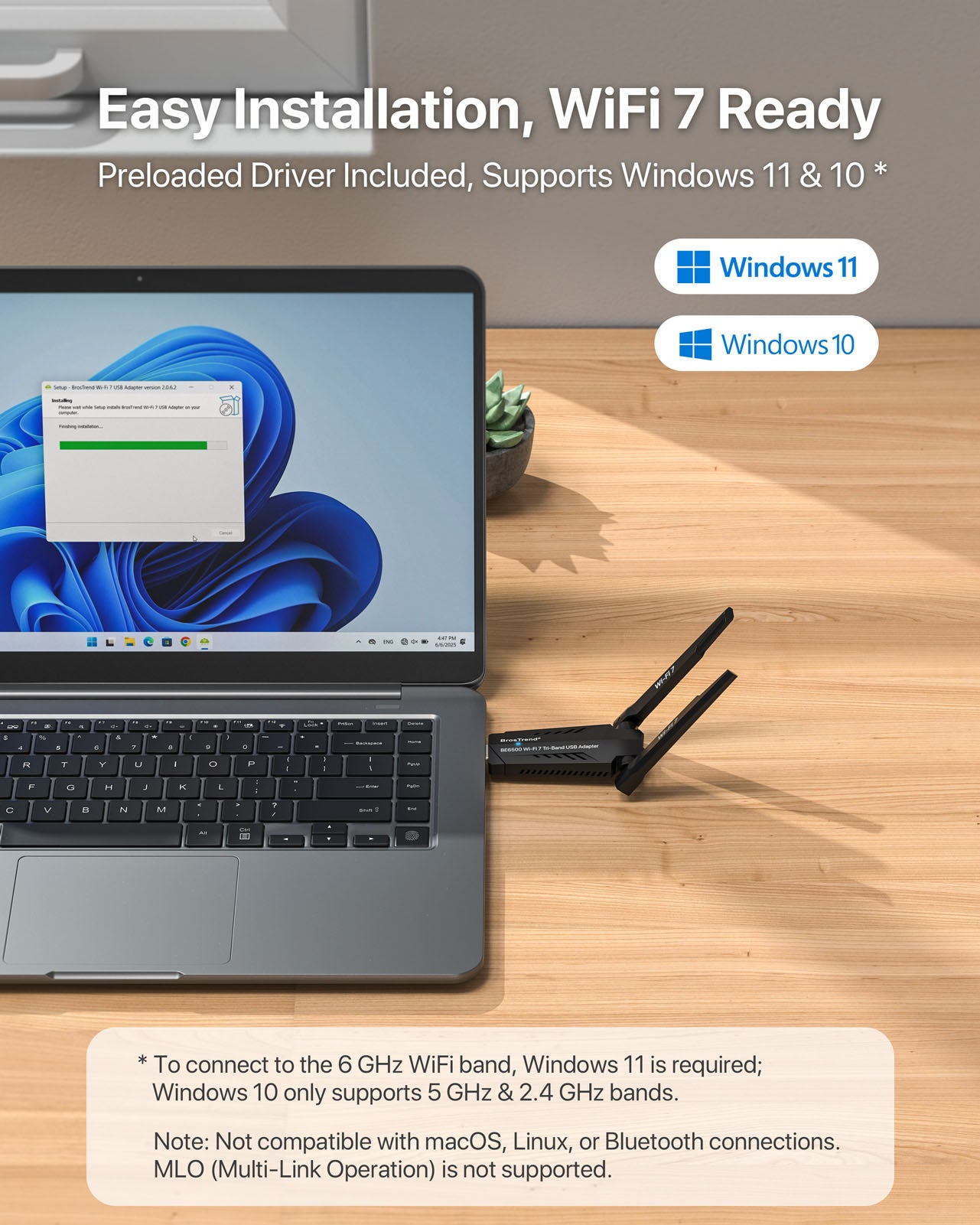 BrosTrend BE6500 WiFi 7 USB-adapter – Tri-band Voor Pc (6GHz/5GHz/2.4GHz) Met Groot Bereik, Lage Latentie, Ideaal Voor Gamen & Streamen Op Windows 11/10