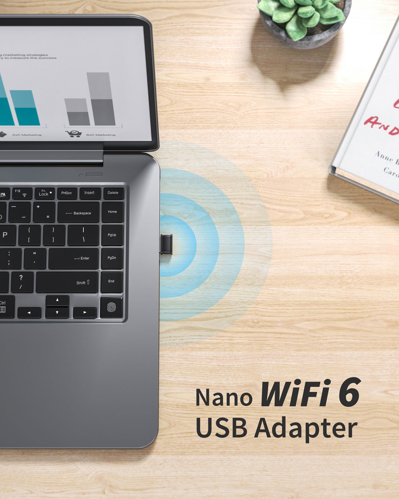 BrosTrend Nano WiFi 6 USB Adapter Is Plugged into a USB Port of a Laptop PC and Delivers Up to 286Mbps Fast Speeds