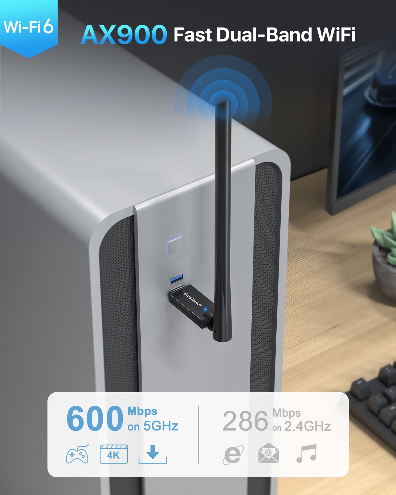 BrosTrend WiFi 6 USB Adapter Is Plugged into a USB Port of a Desktop PC and Delivers Up to 600 Mbps on 5 GHz or 286 Mbps on 2.4 GHz Dual Band Support Enables Flexible Connection Based on Your Needs