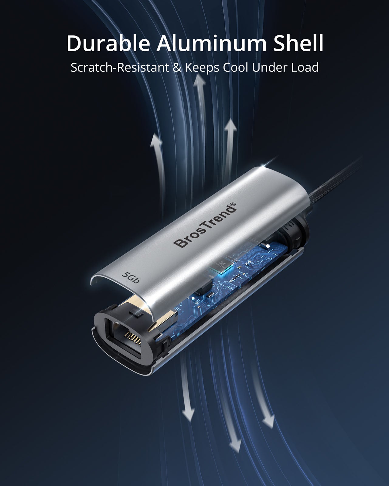 Close-up Showing the USB-C to 5G Ethernet Adapter's Durable Aluminum Shell Which Is Scratch-resistant and Designed for Efficient Heat Dissipation to Keep the Adapter Cool under Heavy Load
