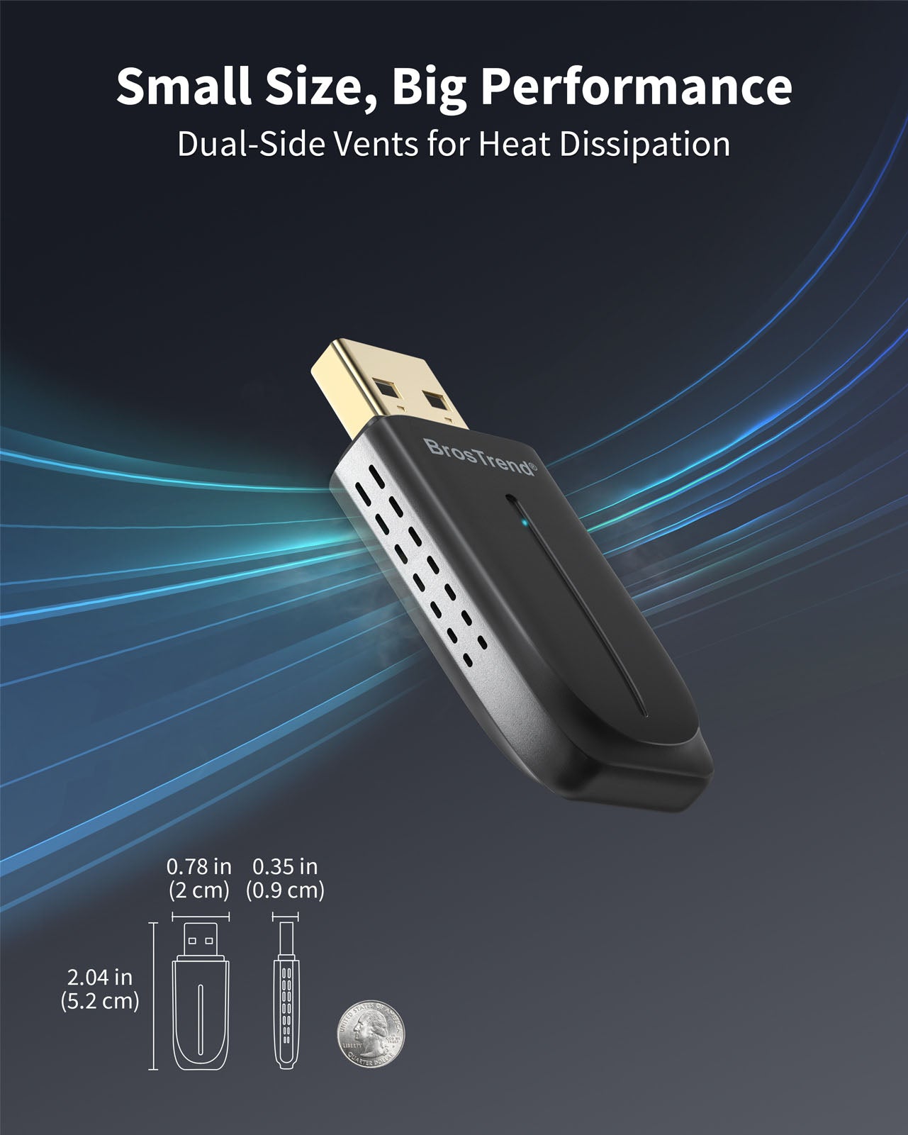 Compact BrosTrend USB WiFi Adapter with Dual Side Vents next to Coin Showing Size Ideal for Laptops Desktops and Mini PCs