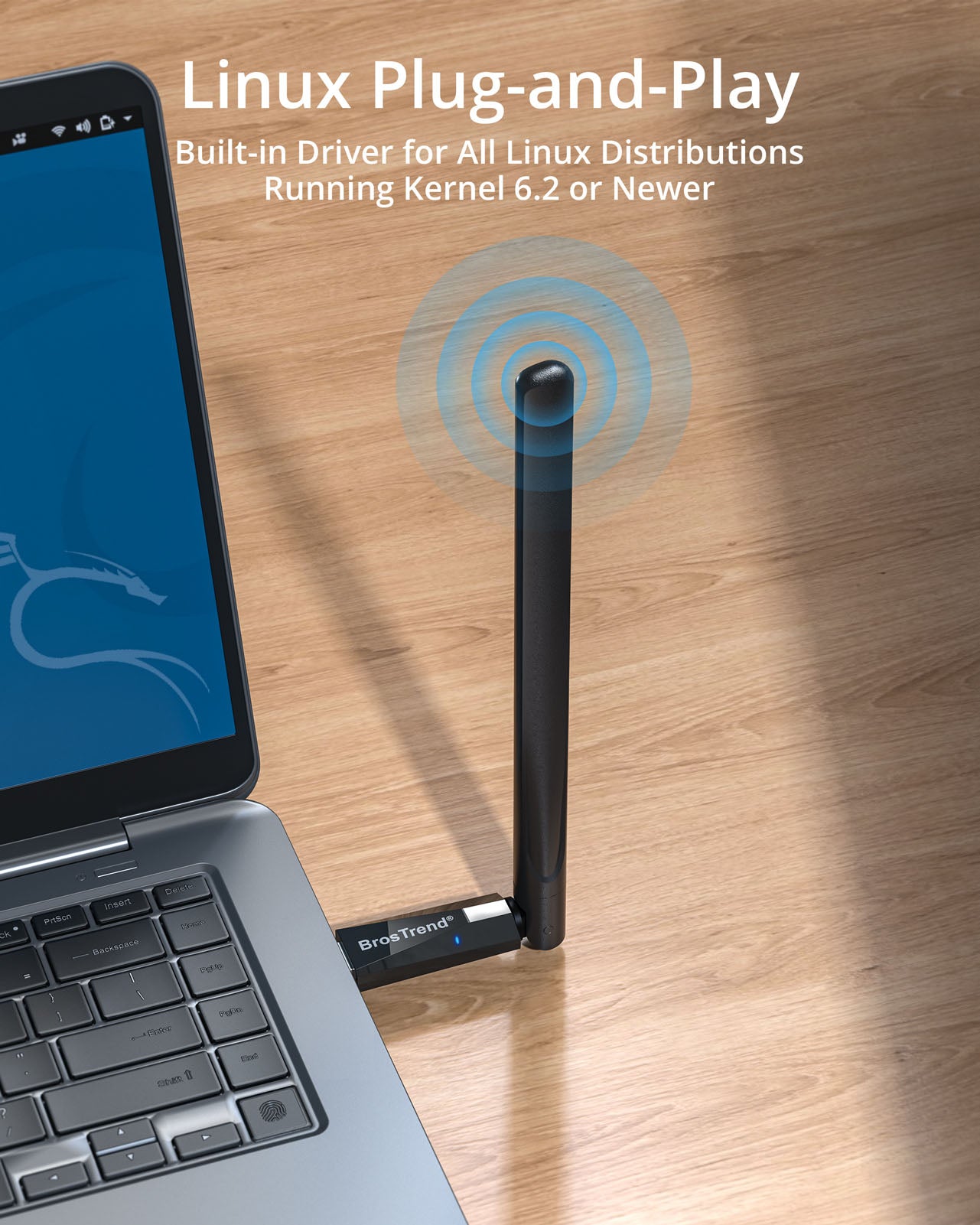 Linux Plug-and-Play AC650 USB WiFi Adapter with Built-in Driver for All Linux Distributions Running Kernel 6.2 or Newer Featuring Dual-Band Wireless Connectivity and an External Antenna for Linux Laptops Desktop PCs and Other Compatible Computers