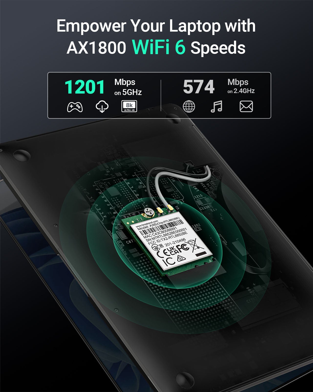 M.2 WiFi Card Works on a Laptop PC Delivers Fast Wireless Speeds of 1201Mbps on 5GHz or 574Mbps on 2.4GHz Band