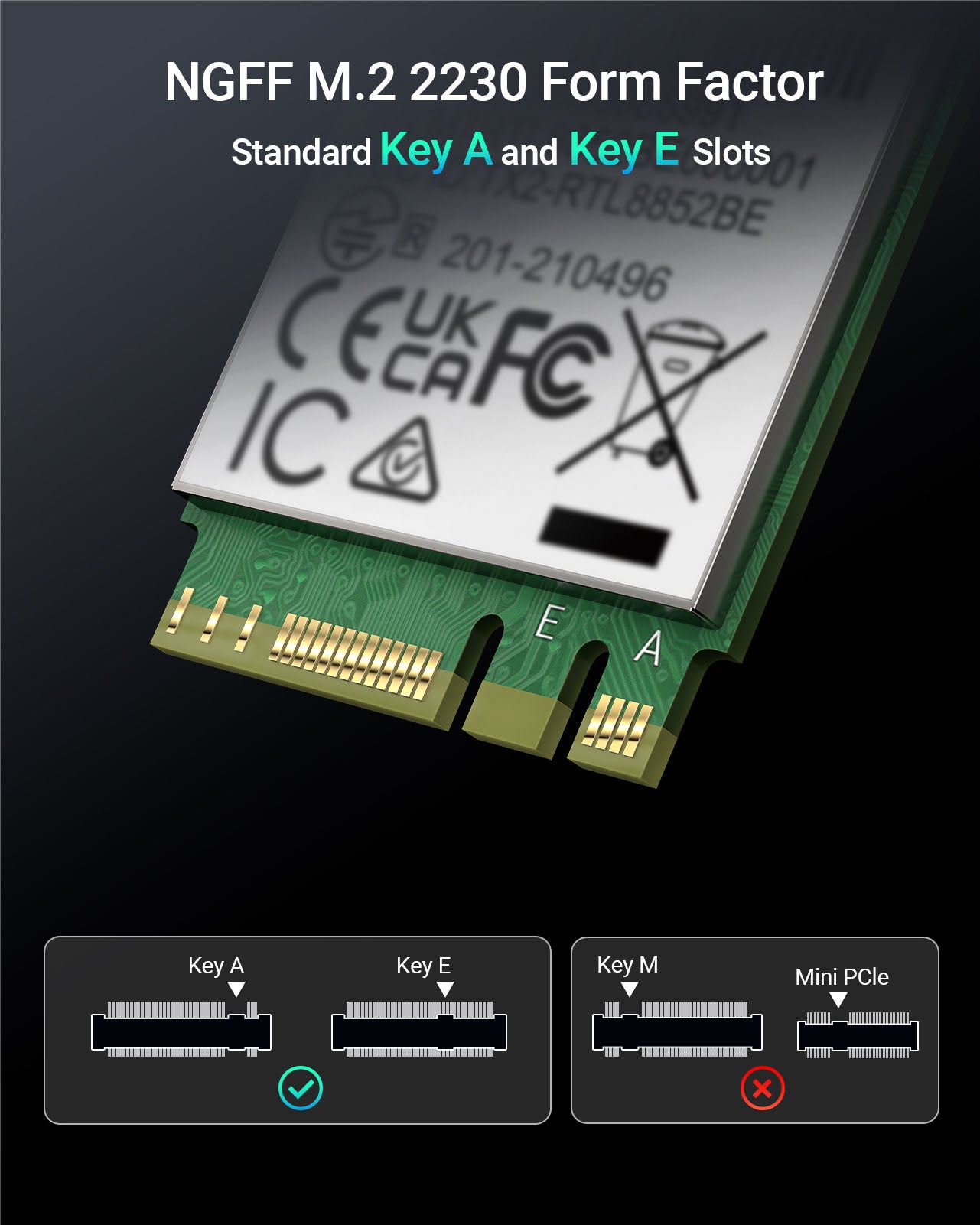M.2 WiFi Card with NGFF 2230 Form Factor 22mm Width 30mm Length Comes With Standard Key A and Key E Slots and Compatible with M.2 Slot on a Motherboard
