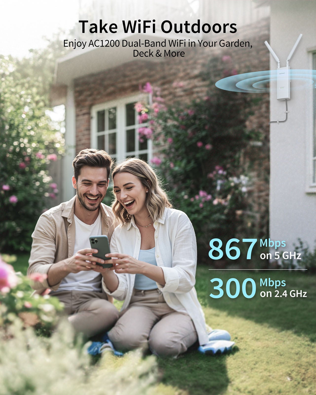 Smiling Couple Sitting in Their Garden Using a Smartphone with BrosTrend AC1200 Outdoor WiFi Extender Mounted on the House Providing Strong Dual-band WiFi Signal 867 Mbps on 5 GHz and 300 Mbps on 2.4 GHz with Coverage up to 656 feet for Seamless Outdoor Connectivity