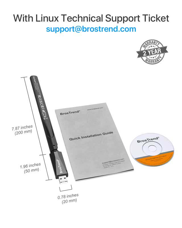 BrosTrend 650Mbps Linux Compatible WiFi Adapter Supports Kali Linux, Ubuntu, Mint, Debian, Kubuntu, Zorin, PureOS, Raspberry Pi 2+, Windows, Dual Band USB Wireless Adapter w/ Long Range WiFi Antenna