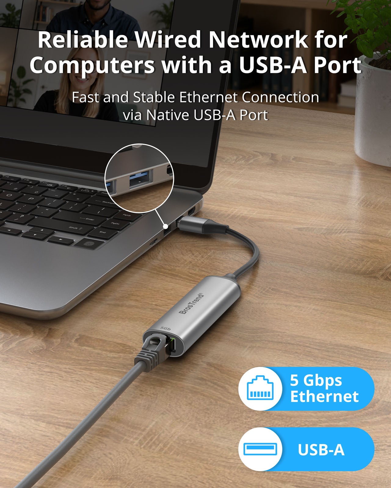 USB-A To 5 Gbps Ethernet Adapter Connected To Laptop USB-A Port Providing Fast And Stable Wired Ethernet Connectivity Designed For Computers Without Built In Ethernet Ports Brings Reliable Network Connections For Work Streaming Gaming And Online Meetings