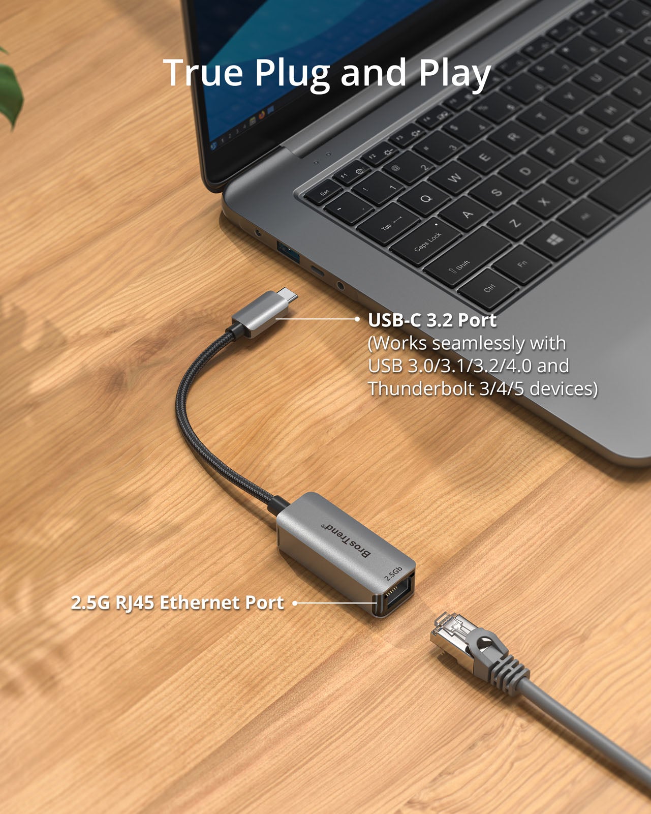 USB-C to 2.5G Ethernet Adapter on a Desk Next to a Laptop Labeled Ports Highlight USB-C 3.2 and 2.5G Ethernet Connectivity Showcasing a Simple Plug-and-play Setup for High-speed Internet Compatible with USB-C 3.0 3.1 3.2 and 4.0 and Thunderbolt 3 4 5