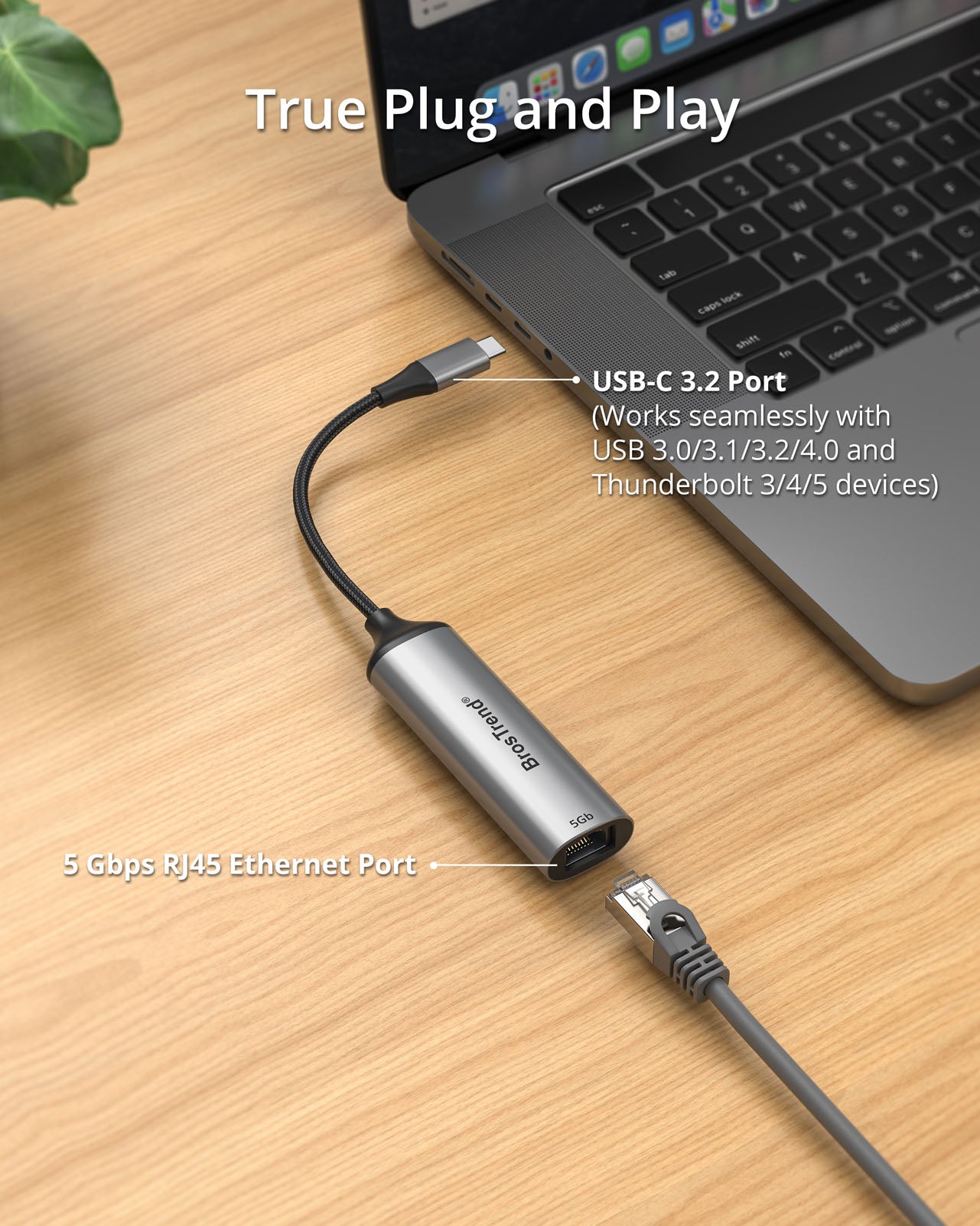 USB-C to 5 Gbps Ethernet Adapter Placed beside a Laptop Highlighting Its USB-C 3.2 Connector and 5Gb RJ45 Ethernet Port Demonstrating Simple Plug-and-play Setup Compatible with USB Type-C 3.0 3.1 3.2 4.0 and Thunderbolt 3 4 5