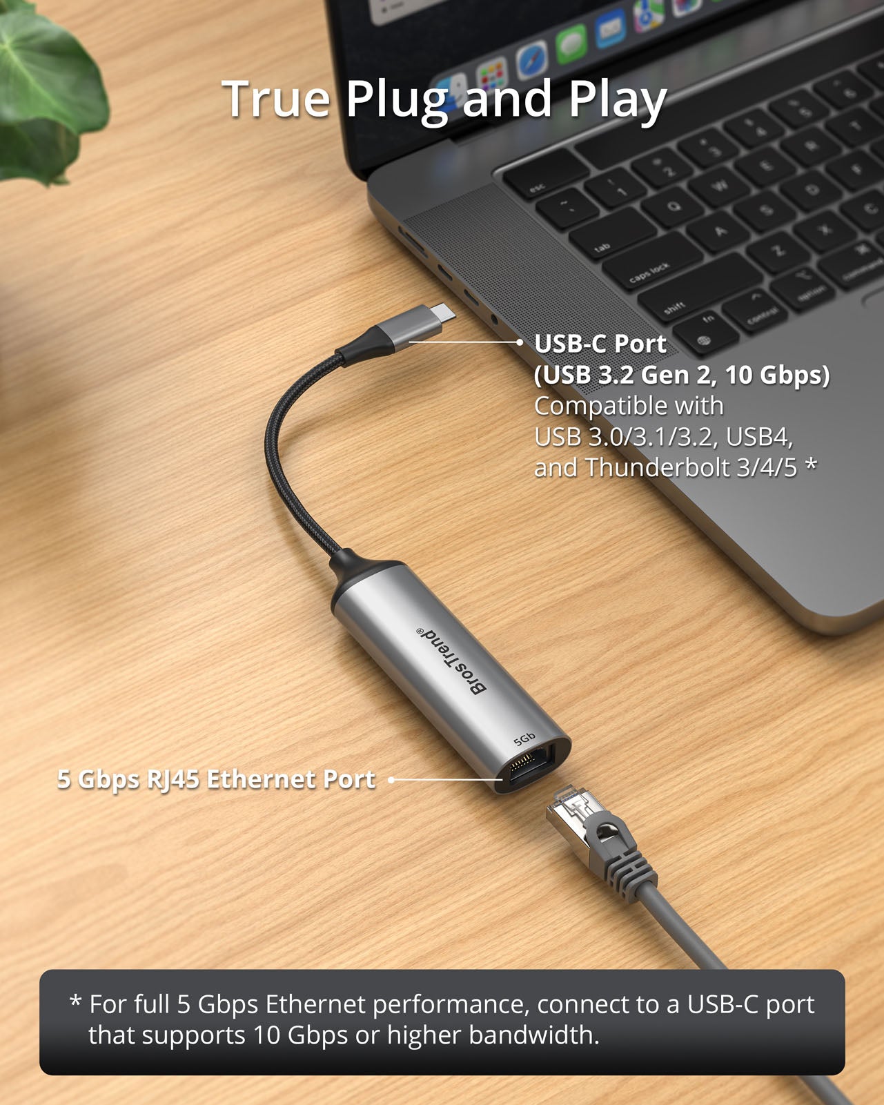 USB-C to 5 Gbps Ethernet Adapter with USB 3.2 Gen 2 10 Gbps Interface Compatible with USB 3.0 3.1 3.2 USB4 and Thunderbolt 3 4 5 Ports for Fast Wired Ethernet Connectivity on Laptops and Computers