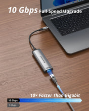Load image into Gallery viewer, USB-C to Ethernet Adapter Connected to a Laptop Delivers up to 10 Gbps Wired Ethernet Speed and up to 10 Times Faster Performance than Gigabit Ethernet for High Speed Network Connections Large Data Transfers and Other Bandwidth Intensive Tasks