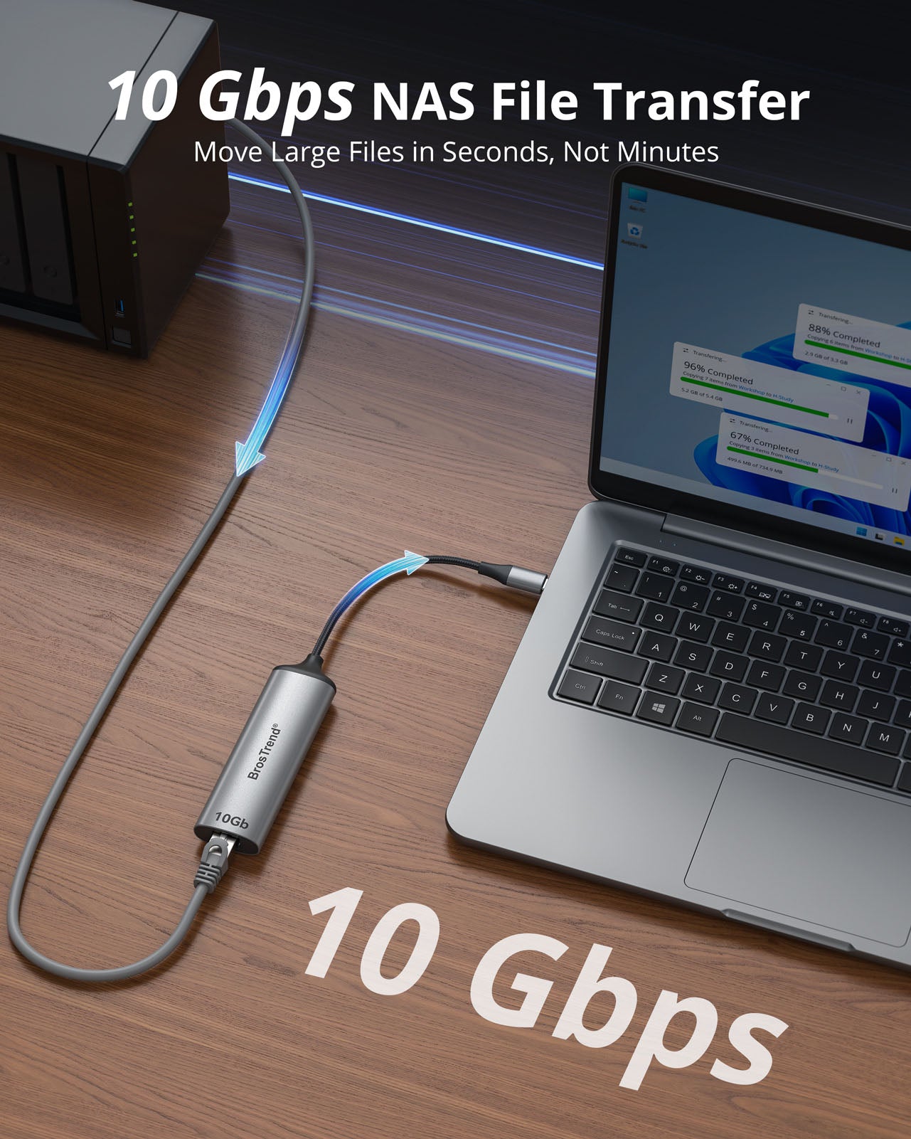 USB-C to Ethernet Adapter Connects a Laptop to NAS Storage through a High-Speed Wired Network Providing up to 10 Gbps Ethernet Connectivity for Faster NAS Access Large File Transfers Backups and Other Data Intensive Local Network Tasks