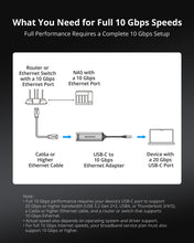 Load image into Gallery viewer, USB-C to Ethernet Adapter Requires a 20 Gbps or Higher USB-C Port on Devices Cat6a or Higher Ethernet Cable and 10 Gbps Router or Switch for Full 10 Gbps Ethernet Performance with Compatible Computers NAS Storage and Other 10GbE Network Equipment