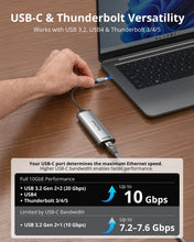 Load image into Gallery viewer, USB-C to Ethernet Adapter Works with USB 3.2 USB4 and Thunderbolt 3 4 and 5 Ports with up to 10 Gbps Ethernet on 20 Gbps or Higher USB-C Ports and up to 7.2 to 7.6 Gbps Ethernet on USB 3.2 Gen 2x1 10 Gbps Ports