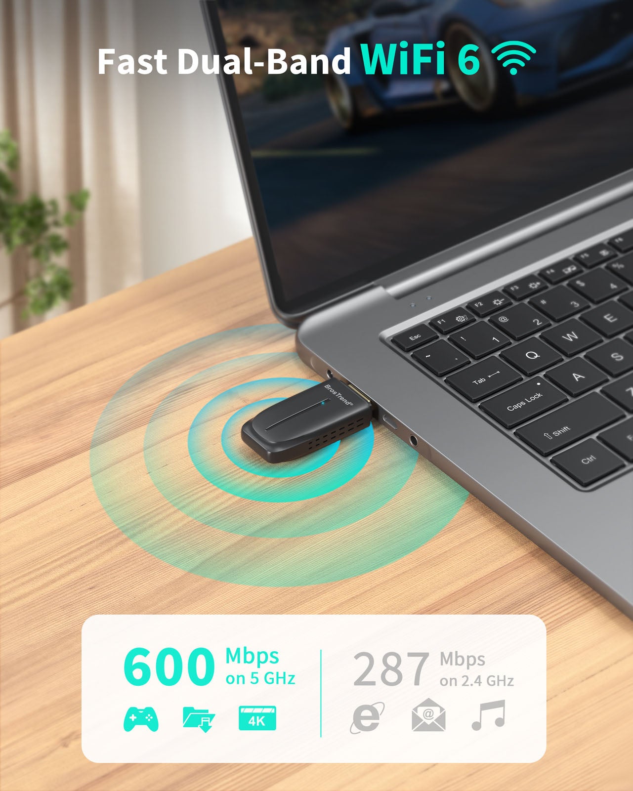 USB WiFi 6 Adapter Plugged into Laptop Computer Showing Dual Band Speeds up to 600 Mbps on 5 GHz and 287 Mbps on 2.4 GHz Ideal for High Speed Streaming Video Calls Supports 1024 QAM