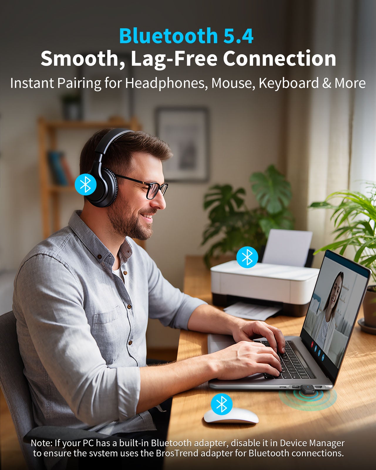 USB WiFi 6 and Bluetooth 5.4 Combo Adapter Connected to Laptop PC for Instant Pairing with Bluetooth Headphones Mouse Keyboard Speaker Printer Providing Stable Bluetooth Connections up to 32 Feet
