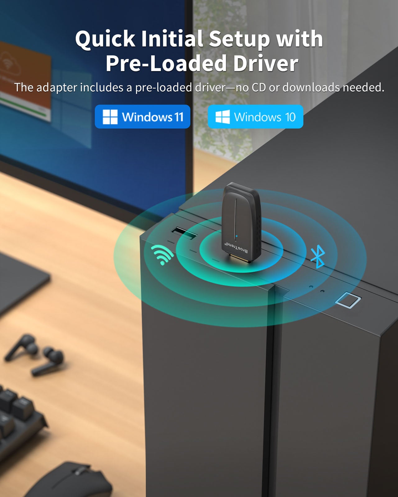 USB WiFi 6 and Bluetooth Adapter for PC with Preloaded Driver Supports Quick Initial Setup for Windows 11 and Windows 10 No CD or Downloads Needed
