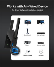 Load image into Gallery viewer, WiFi to Ethernet Adapter Is Compatible with Any Wired Device Such as TV Computer Game Console Network Switch Printer VoIP Phone PC Camera