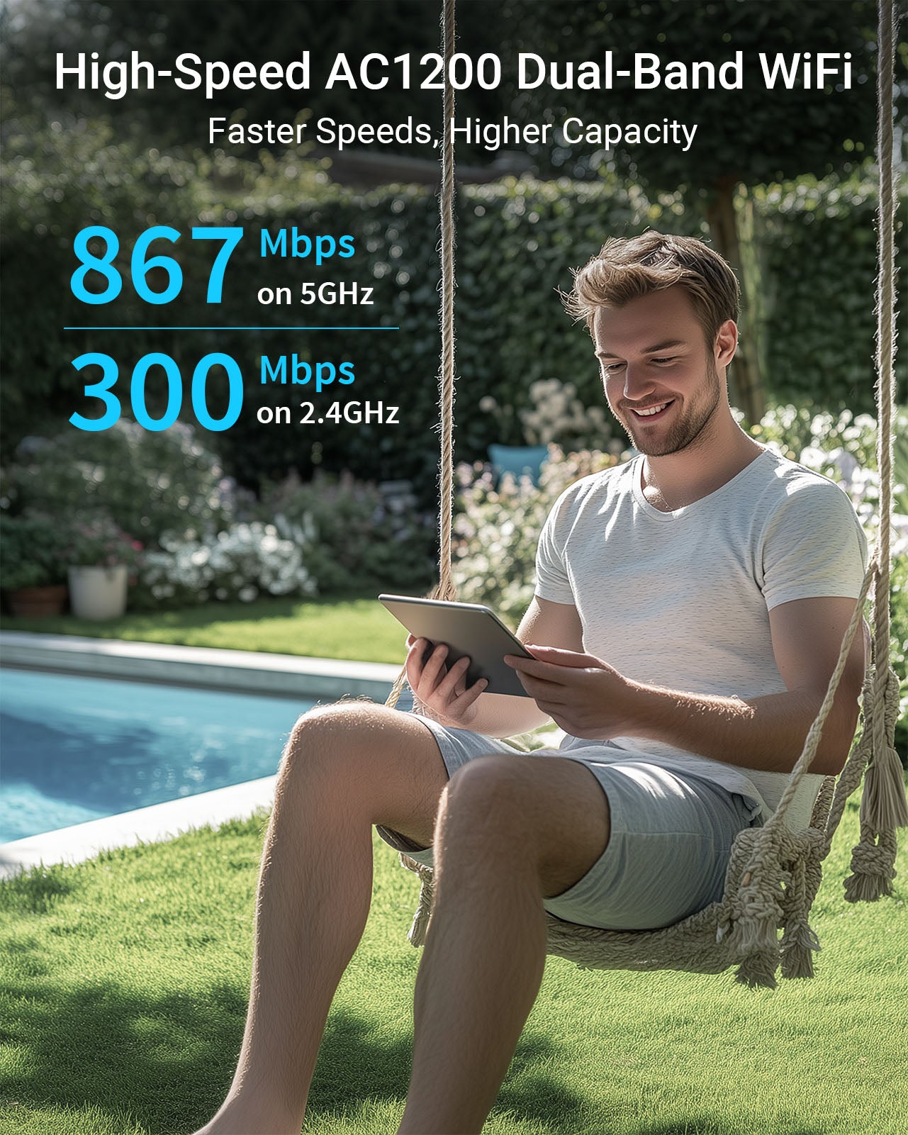 Young Man Sitting in a Garden Swing by the Pool Using a Tablet with a Smile and Enjoying Fast WiFi Delivered by AC1200 Outdoor WiFi Access Point Dual-band Wireless Speeds of 867 Mbps on 5 GHz and 300 Mbps on 2.4 GHz