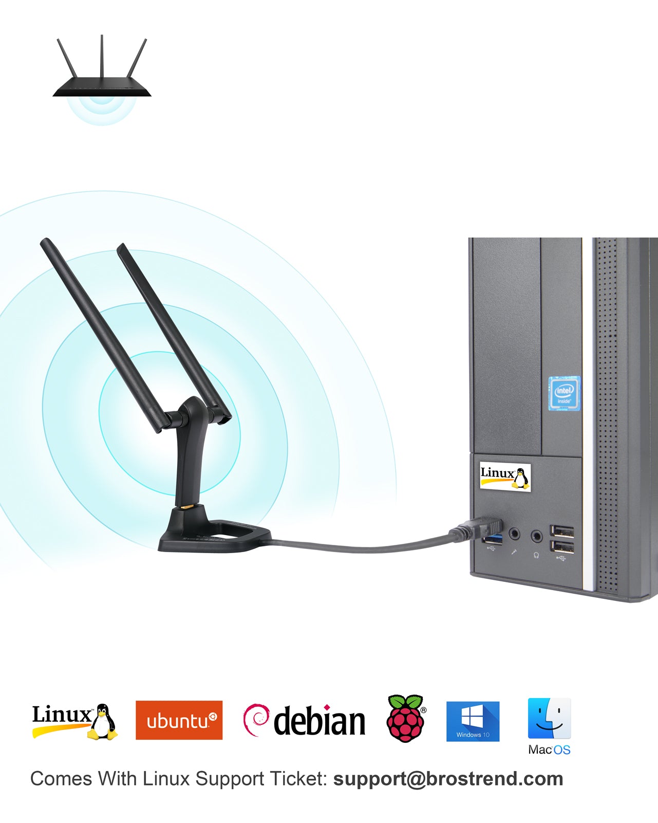 BrosTrend 1200Mbps Linux Adaptador WiFi USB de Largo Alcance