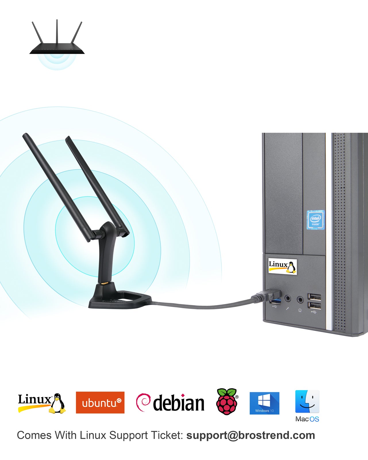 BrosTrend 1200Mbps Linux USB Clé WiFi Adaptateurs Longue portée