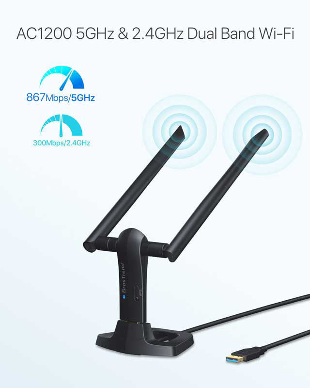 BrosTend AC1200 Linux compatible usb wifi adapter delivers 867Mbps on 5GHz wifi band or 300Mbps on 2.4GHz wifi band