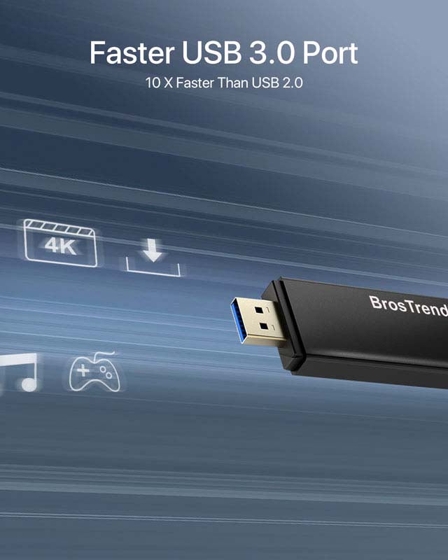 BrosTend wireless usb adapter with gold plated USB 3.0 port, 10 times faster than USB 2.0 port.