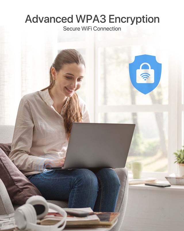 The wireless adapter secure your devices and network privacy by supporting the latest wireless encryption: WPA3-SAE, WPA2/WPA/WEP, AES/PSK/TKIP, 802.1x