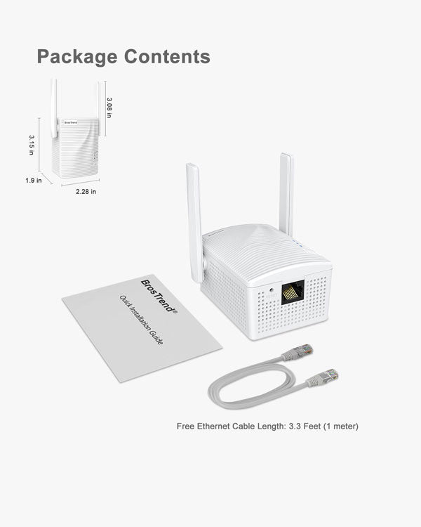 BrosTrend ethernet wifi adapter, one free 3.3 feet ethernet cable and one quick installation guide are in the package.
